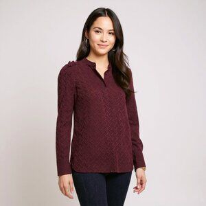 Ann Taylor Petite Maroon Long Sleeve Textured Patterned Button Down Blouse